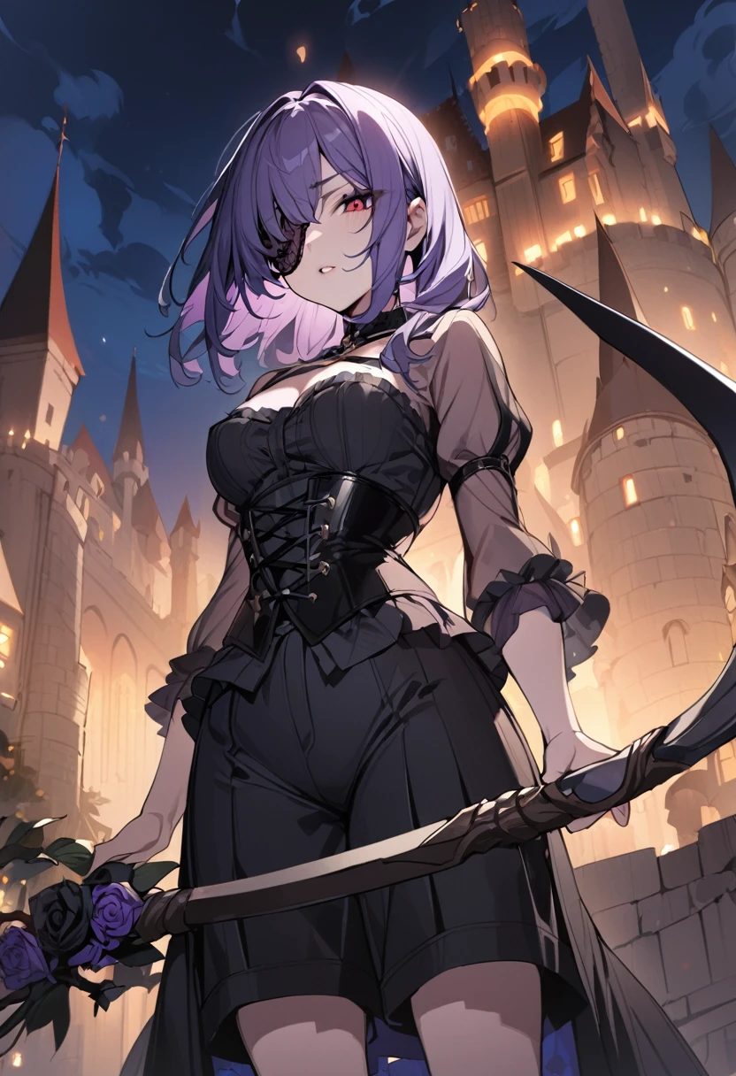 1 girl, masterpiece, best quality, fair skin, purple mesh, red eyes, corset, culottes, black rose scythe, eye patch, black rose, castle at night, anime