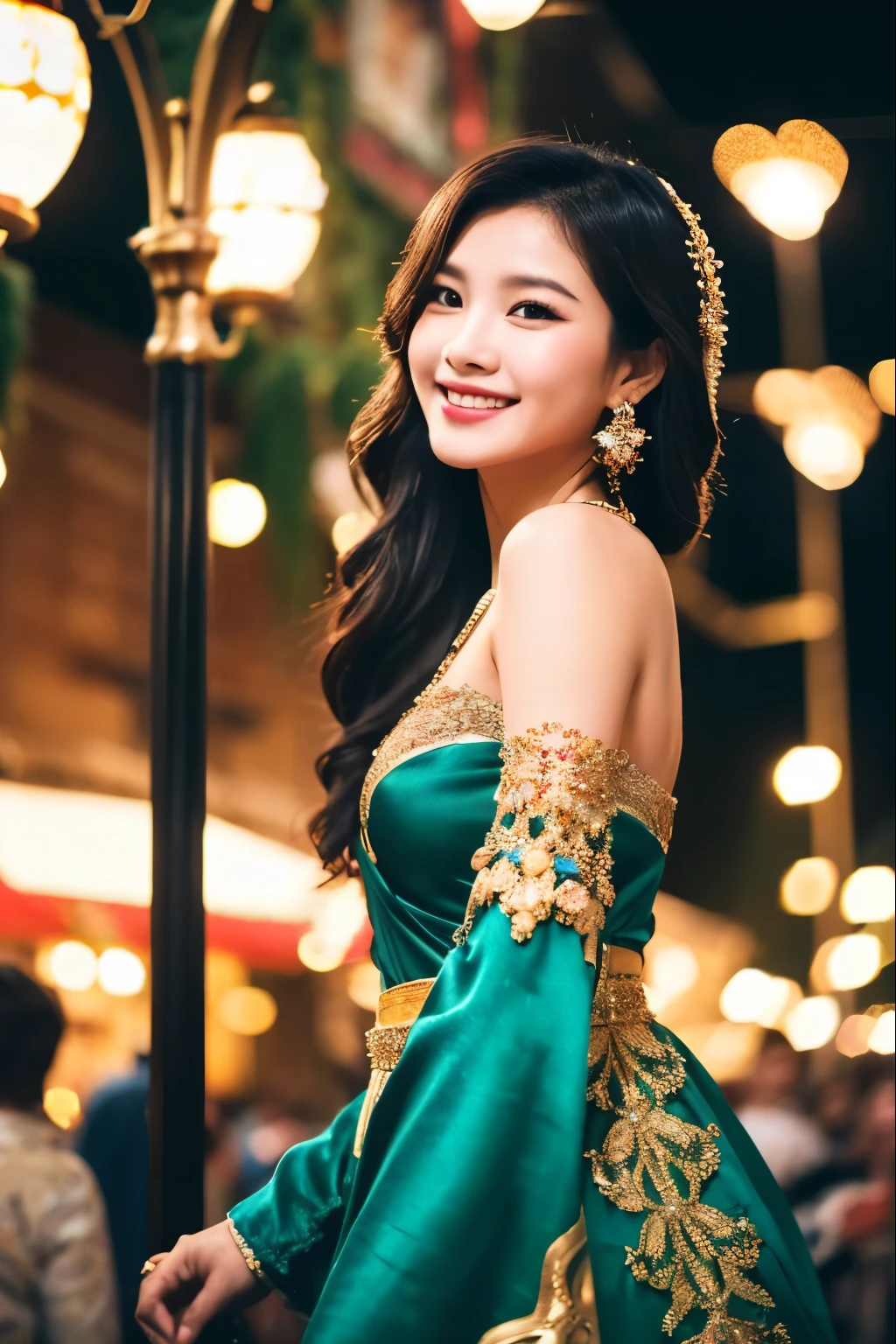 Adorned with exquisite ornaments, beauties walk through the crowd with smiles on their lips, their laughter lingering in the air. Amidst the throng, I search for her countless times, only to suddenly turn around and, by chance, discover her where the lamplight fades into darkness.