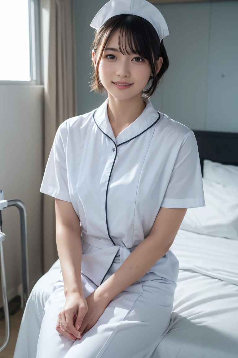 1 Girl,(Wearing white nurse clothes:1.2),(RAW Photos, Highest quality), (Realistic, photo-Realistic:1.4), masterpiece, Very delicate and beautiful, Very detailed, 2k wallpaper, wonderful, finely, Very detailed CG unity 8k wallpaper, Very detailedな, High resolution, Soft Light, Beautiful detailed girl, Very detailed eyes and face, Beautiful and detailed nose, finely beautiful eyes, nurse, Perfect ???????, Black Hair, Upstyle, nurse uniform, Long skirt, nurse, White costume, thin, hospital, clear, White Uniform, hospital room, Neck auscultation,Bobcut、Flip up the skirt、20th Generation、smile