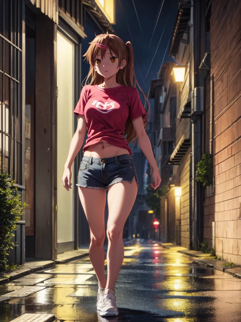 Girl, slim tight t-shirt, short Skirt, navel shown, street background, openlegs, in Sneakers, night, Narrow alley between houses, night, rain