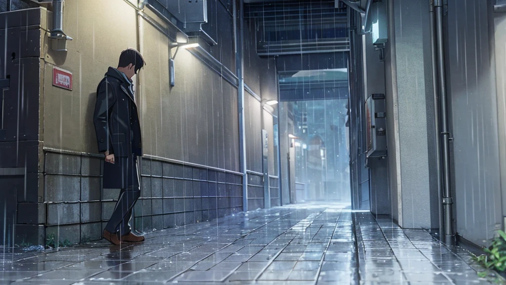 rain falling in dark alley and sad coast man
