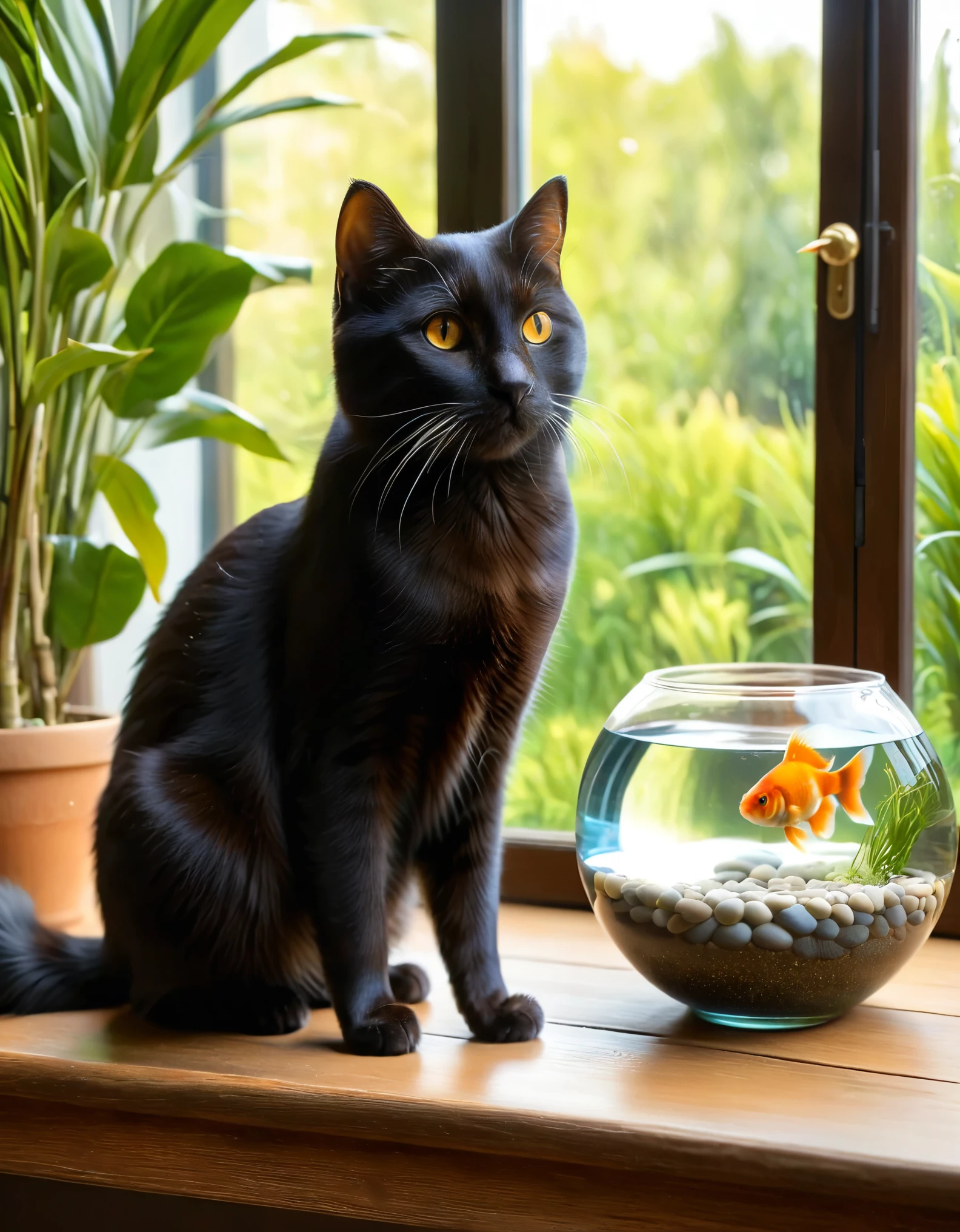 A realistic and detailed image of a sleek black cat with striking amber eyes, intently observing a small, round glass fishbowl containing two vibrant orange goldfish. The cat's fur is smooth and shiny, capturing the light in a lifelike manner. The scene is set indoors, with a soft, natural light source coming from the right, casting gentle shadows. In the background, there is a blurred view of a rustic interior with a small potted plant to the right, adding a touch of green to the composition. The wooden surface on which the cat and the fishbowl rest adds a warm, earthy tone to the image. The overall atmosphere is calm and contemplative, highlighting the curiosity and between the cat and the fish.