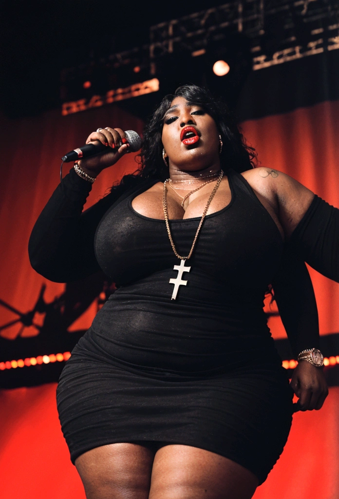 Busty 250 pound obese  ((black female rapper on stage with a man Deejay:1.4)).  She has (( unreal, oversize, large saggy tits showing massive gross cleavage:1.2)) and holding a (microphone on a stand:1.1). ((she is wearing makeup, dark red lipstick, a cross pendant)), and a ((slutty and revealing red dress:1.2)), ((her mouth is closed:1.1))