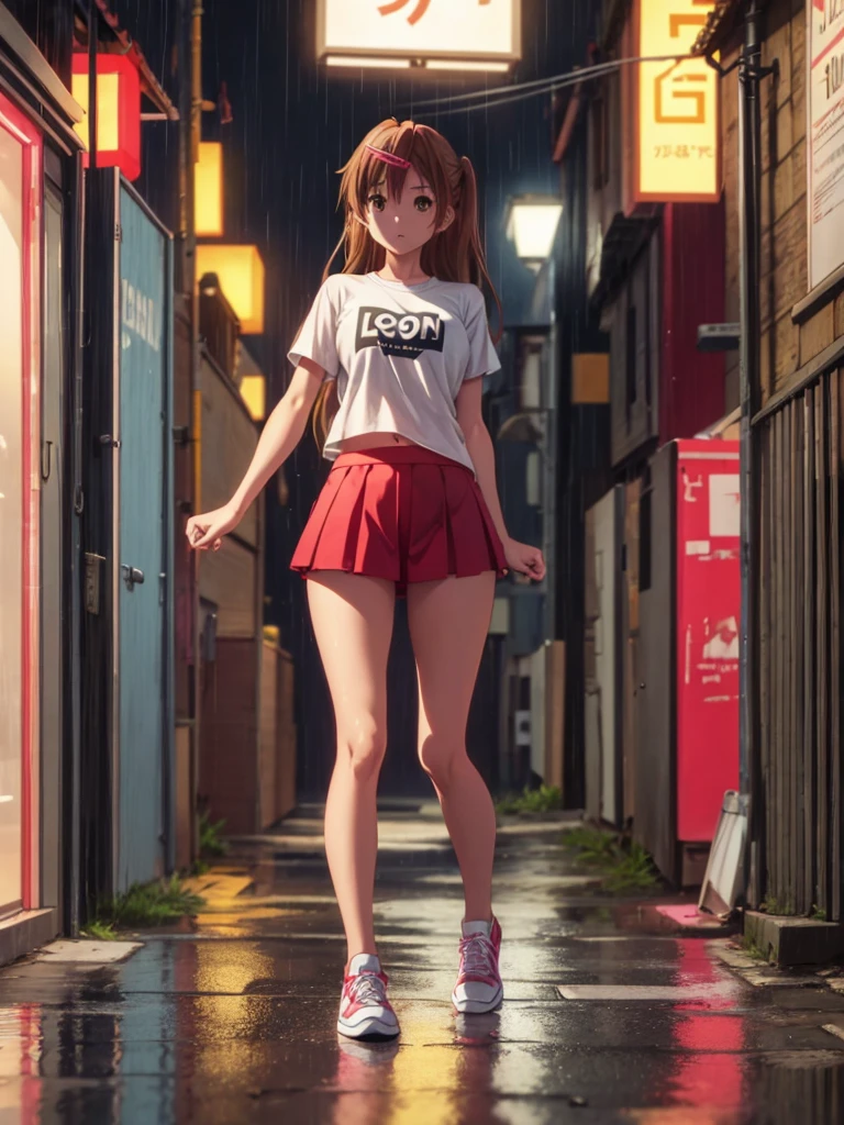 Girl, slim tight t-shirt, short Skirt, navel shown, street background, openlegs, in Sneakers, night, Narrow alley between houses, night, rain 