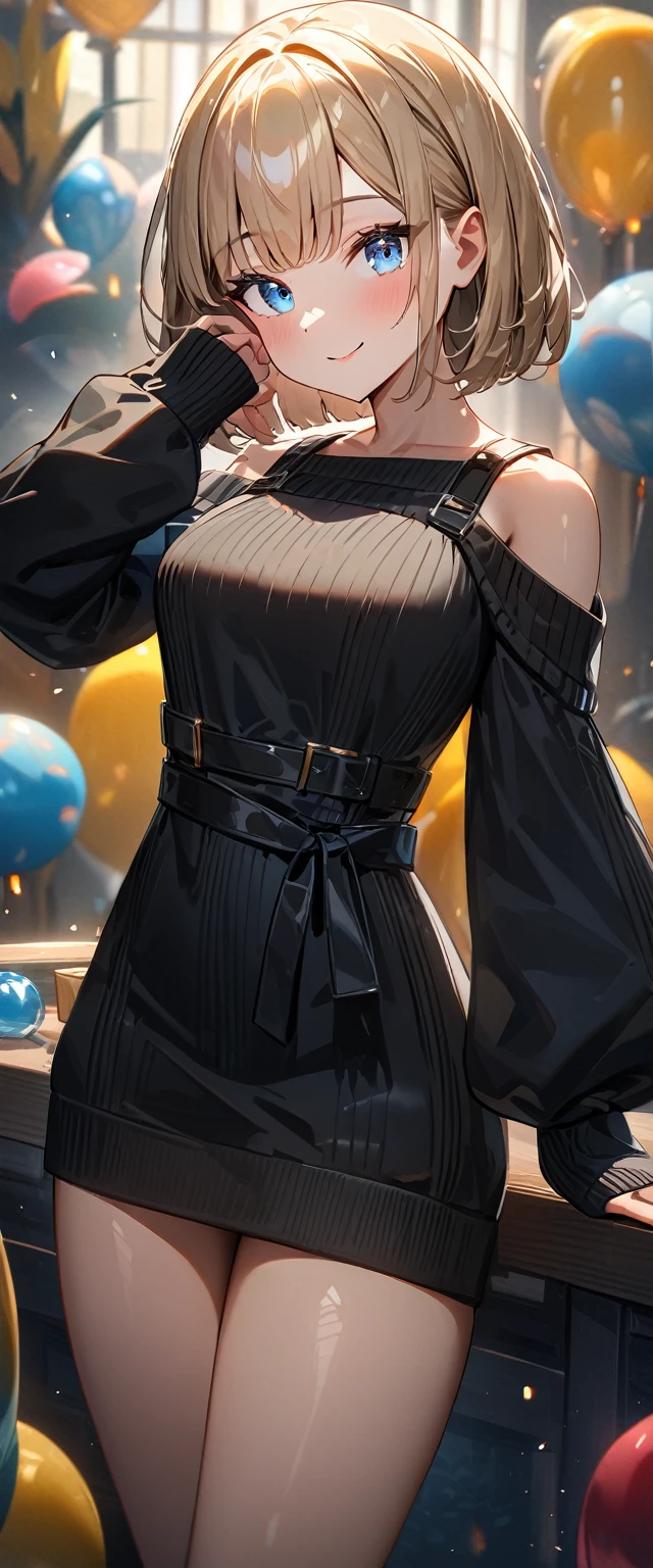 (((One girl))), ((beach)), noon, blond hair, ((sunglasses)), hand to sunglasses, ((bob cut:1.3)), breasts, from front, (cowboy shot), standard body, (looking at viewer), (((Balloon sleeve, sleeves past wrists:1.3))), ((black sweater)), ((off-shoulder knit sweater dress:1.3, Quite thick shoulder straps)), teenager, head tilt:1.3, (((blue eye))), ((happy smile)), anime style, (best quality, 4k, 8k, highres, masterpiece:1.2, ultra-detailed, ultra-detailed eyes, HDR, UHD, studio lighting, ultra-fine painting, sharp focus, physically-based rendering, extreme detail description, professional, vivid colors, bokeh), ((Highest quality, Best image quality, Ultra-high resolution, Ultra-high resolution, solo, Strong eye highlights)), Depth of written boundary, Natural soft light, attractive, Beautiful Face, Cleanliness, Pure Face, nedium chest, Beautiful Face, Perfect Fingers, Perfect hands, Perfect body, Perfect Face, Shine a light into your eyes, Perfect Anatomy