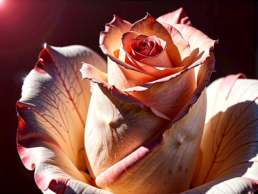 glowing white silhouette of a rose with a ethereal pink and rose gold background