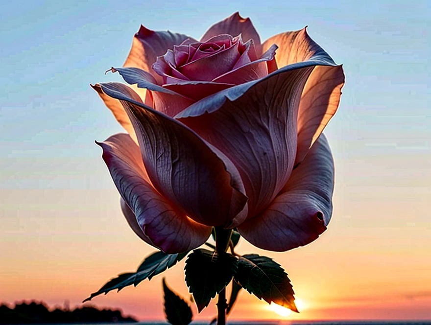 glowing white silhouette of a rose with a ethereal pink and rose gold background