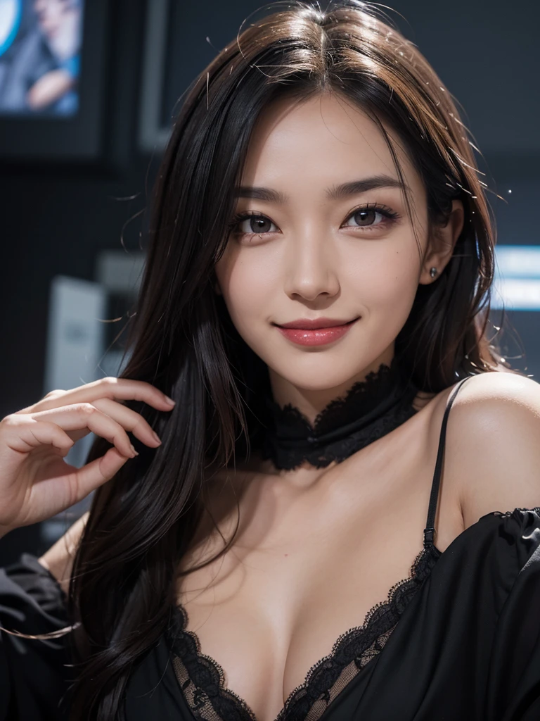 A very beautiful woman with dark eyes, an evil-looking face and a mischievous smile,
