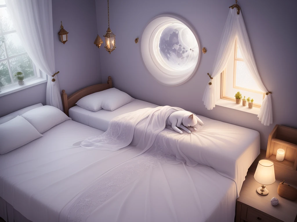 An enchanting moon visible through a window, casting soft light over a cozy room. A kitten peacefully sleeping on the bed, surrounded by soft blankets and pillows. The scene is tranquil and dreamy, with a magical atmosphere.