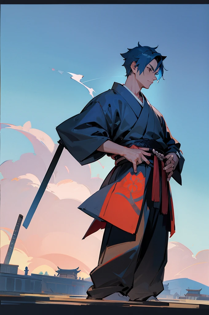 Adult, male, samurai Clothing, Standing pose, Town background, Blue Hair