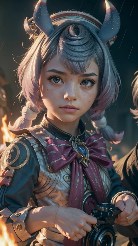 A  girl in realistic painting portrait of high quality and detail, Sigewinne (Genshin Impact), although she has a uniquely human-like complexion and set of hands. Her pink eye color, tall blue ears with frosted tips and curled tail are much more reminiscent of a typical Melusine seen around Fontaine. Her hair color is pastel blue fading to a purple with white highlights. movie style, dark and mysterious atmosphere, glow, eye shadow, 1girl, thriller fantasy, Depth & Perspective, dramatic angry expression on her face, an intimidating look. she's holding a bow covered with blue flames in her hands, Mystical powers, fine face, She stands on the battlefield, outdoors, rain on the sky, thunderclaps in the sky in the background, dark cloud, looking at viewer, (ultra-high detail:1.2), Masterpiece, Best Quality, Ultra-detailed, Cinematic lighting, 8K, delicate features, cinematic, 35 mm lens, f/1.9, highlight lighting, global lighting –uplight –v 4, Cinematic lighting, 8K, high quality, Highest Quality, (Solo Focus), (extremly intricate:1.3), (Realistic), dramatic, masterful, Analog style, (Film grain:1.5), (warm hue, cold tone), destruction behind back