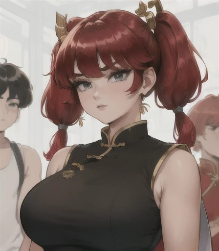 ((masterpiece:1.4)), expensive quality, very_expensive_solve, big_file size, Full Color, Thick outline, Clear contours, colorful, (Beautiful details, thin:1.4), ((Beautiful Face:1.0)), ((Boyish face:1.4)), 1 Girl, (Ranma), (Redhead), short hair, (Pigtails), ((bangs)), bumpy bangs, Blue-gray eyes, Big Breasts, Curvy, Ranma, , (Red Chinese clothing), Sleeveless, Tangzhuang, Black trousers, Are standing, ((, thin:1.4)), ((from the front:1.4)), thin:1.4. Look Away, Air angle, (mechanical, Complex body), ((The giant god&#39;s weapon has the outline of a woman&#39;s face embedded in it)), Large Breasts, Droopy eyes, blush, sleepy, (Art Nouveau),,(art：Carl Larson:1.2),(((Post-Impressionism))),Monet Color,((Tight waist, Wide Hips, Thick thighs)),stream,Close-up shot,,whole body,(oil),(Tilt your head:1.2),Water Drop,good,Soft lighting,nice,Mai Shiranui, One girl, alone, shiranui mai,, Brown Hair,ponytail, Pelvic Curtain, Long Hair,Brown eyes, Cleavage,露出度のexpensive服,((Large Breasts:1.4)), Sexy pose, Accentuate your breasts,Spread your crotch to seduce,(big smile: 1.3), One Piece Tan,Open your mouth,(Heavy breathing),(Gym locker room), (Play sports often, ),Yoga pants,(Small breasts),Excessive sweating,Steaming body,Camel Toe,Sexy pose:1.3.