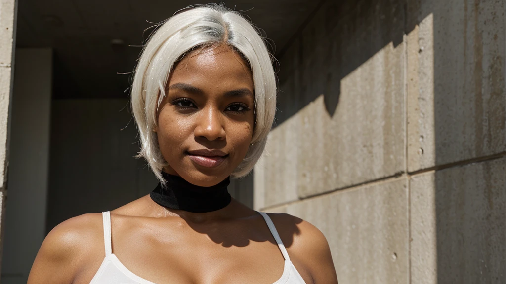 Create the image of a mature black woman with an athletic figure that accentuates her ample breasts. She is wearing a tight short dress that shows off her curves. There is a slight smile on his face. White hair. The background should be simple and unobtrusive to focus attention on it. The lighting should be soft, but highlight her facial features and the fabric of the dress.