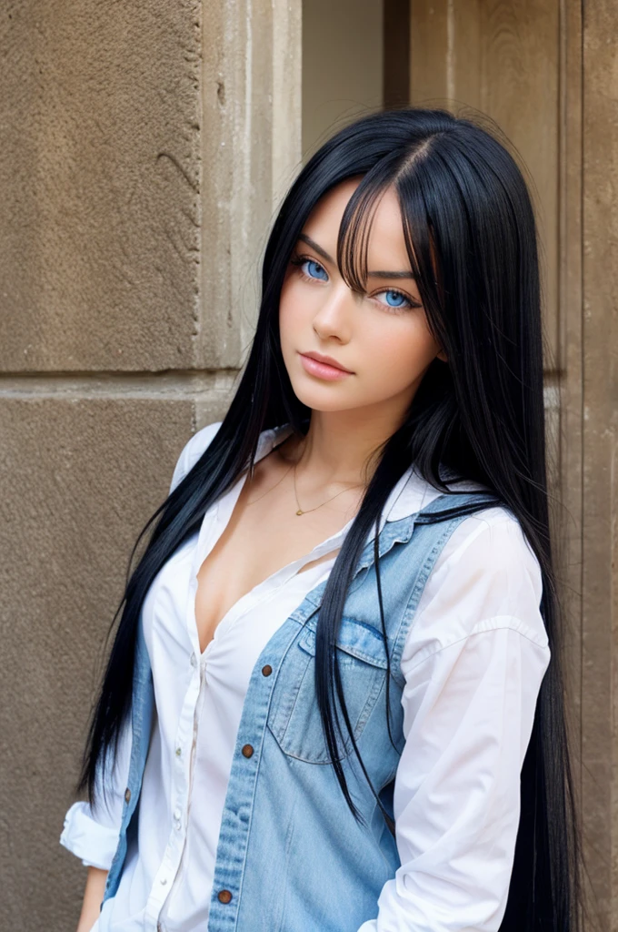 White girl with blue eyes and long black hair