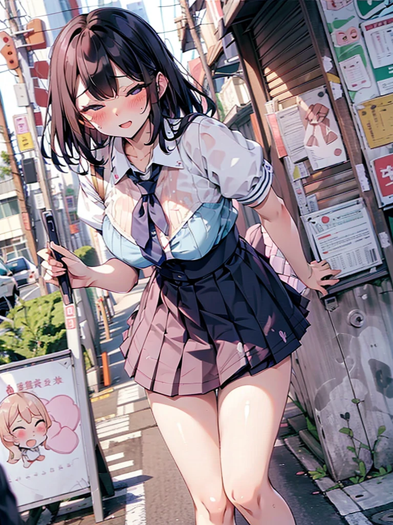 (pussy juice:1.5,ahegao, blush),Are standing, Navy pleated skirt, On the way to school, blush