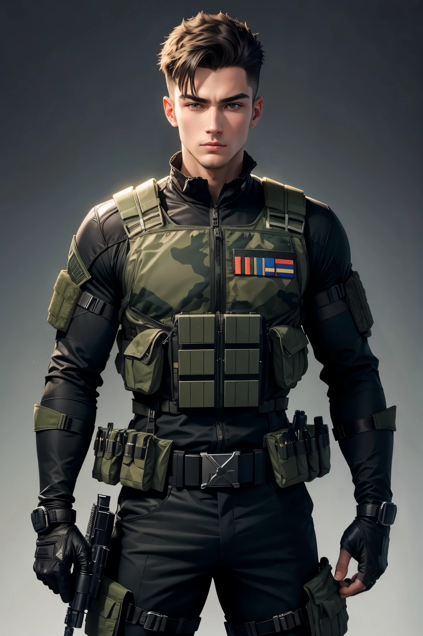 portrait of handsome 25-year old guy, wearing green camouflage combat suit and combat helmet, (black bulletproof vest: 1.3), black half-gloves, (grenade belt: 1.3), (holding grenade:1.1), stunning, tall, bright hair, fancy haircut, (epic pose)