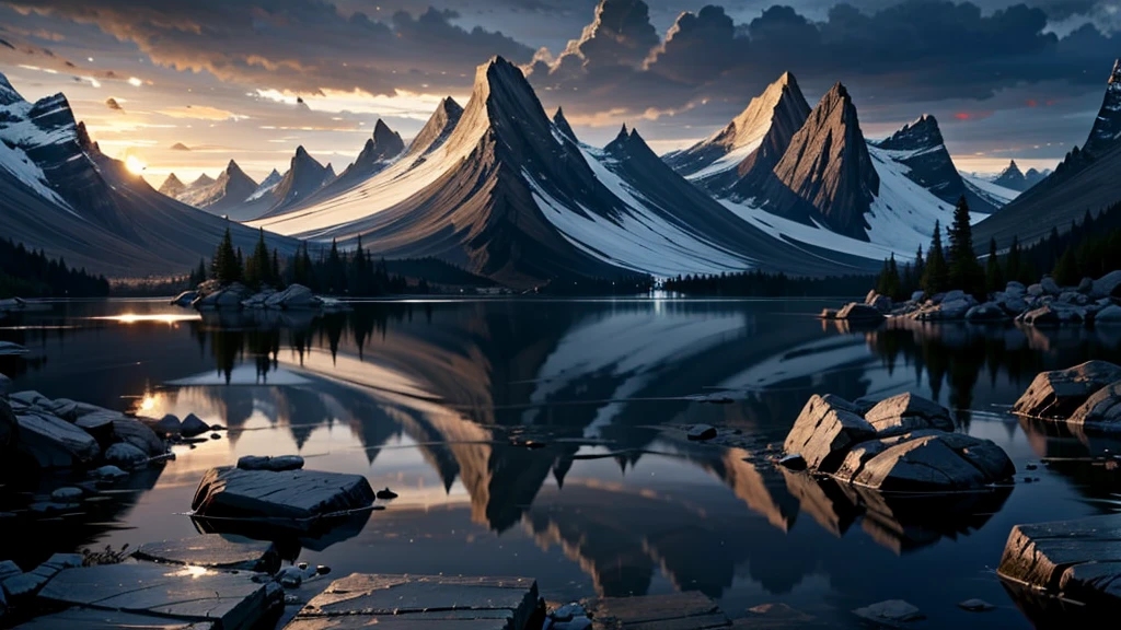 peacefull dark landscape, calm lake with rocks and mountain