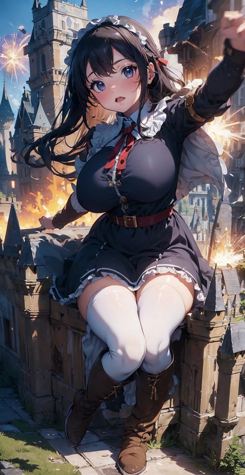 Underboob、Run、masterpiece、High resolution、high quality、Looking at the camera、Plump、Chest pocket、長Nipples、Angel、((((boots)))),Plump、ファイナルFantasy World,Fantasy World、(((Dark Hero))),((((tucked up dress)))),(White Gothic Idol Princess Frill Ribbon Maid Outfit)、((((A girl bigger than a castle))))、Background Blur、Gulliver'trip、Alice in Wonderland、City of Rubble、((((Super huge breasts))))、Large Breasts、Large Breasts、Large Breasts、Large Breasts、Large Breasts、((((Plumpした太もも))))、Plumpした太もも、Fires in Medieval European Cities、((((Giant girl straddling a castle))))、cigarette、((((Urban Explosion in Medieval Europe))))、Reaching out、End of the Century Ruins、((((Open your legs and show me your panties)))),進撃の巨人のThe giant girl who moves the earth、((Ultraman))、(((Giant of Light))),The giant girl who moves the earth、足元のCity of Rubble、A castle of rubble at my feet、Flying Debris、loafers、Low angle camera、high school girl、((((Fighting Pose))))、((((A huge explosion at my feet))))、8k、High image quality High image quality、Nipples、Sheer shirt、There'A dwarven chariot at my feet.、((((Destroy the ruined dwarven castle with your feet))))、Facing the Dwarven Army