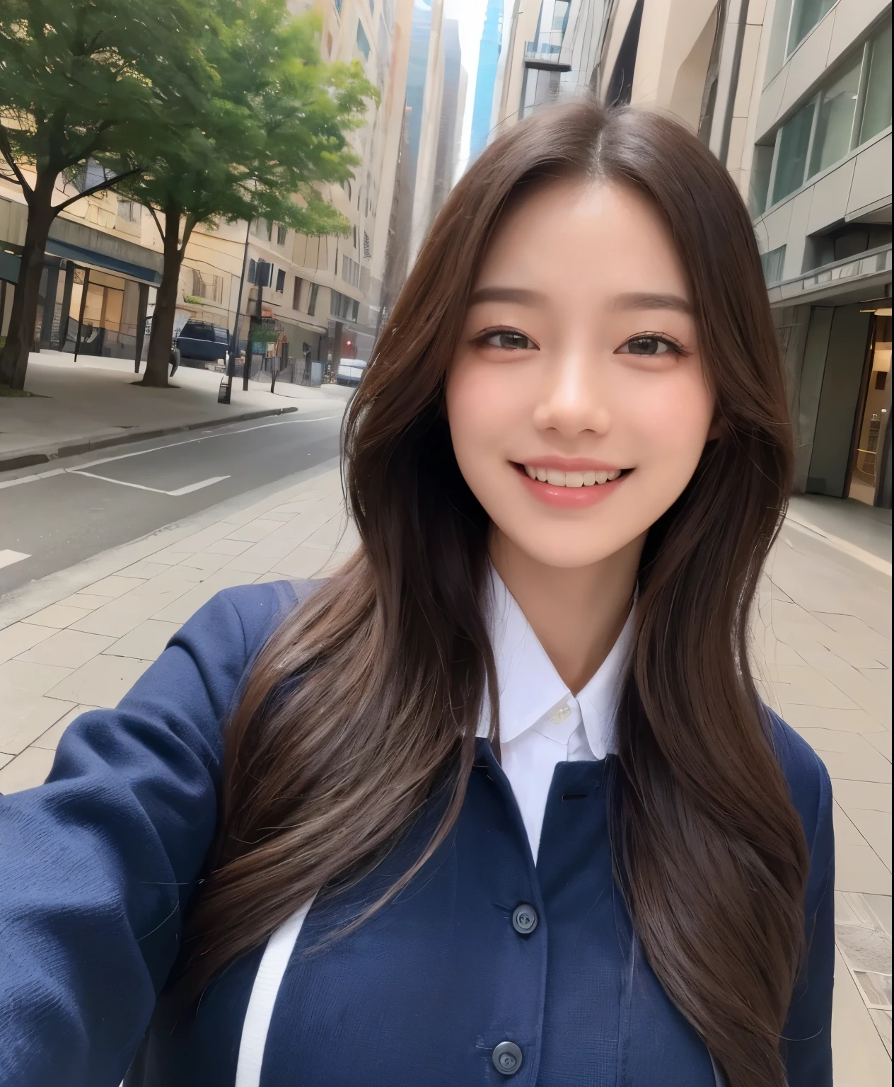 ((top quality、In 8K、masterpiece:1.3))、1 girl、Beautiful woman with plump abs highlighted:1.3、(long hair、huge breasts:1.2)、city、very delicate face、healthy、double eyelid、a smile showing teeth、wearing a collared shirt、looking at the camera、big smile、hey、Open your eyes wide and look at me、Cozy feeling、city를 산책해보세요、