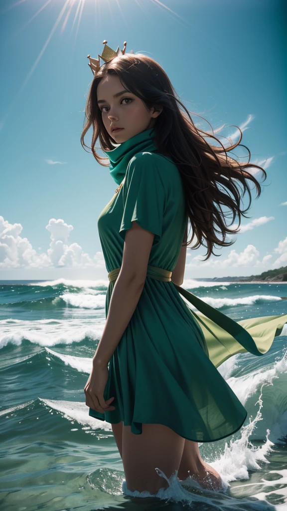 Cinematic photography a beautiful woman in a green dress and a gold crown stood in the middle of the sea. The sea water is clear green and calm. The sky is light blue with few clouds. The visual effect used is the effect of the wind blowing the woman's scarf until it waves in the air. on the background and the effect of the light on the woman. the waves were scary high, faded film, desaturated, 35mm photo, grainy, vignette, vintage, Kodachrome, Lomography, stained, highly detailed, found footage
