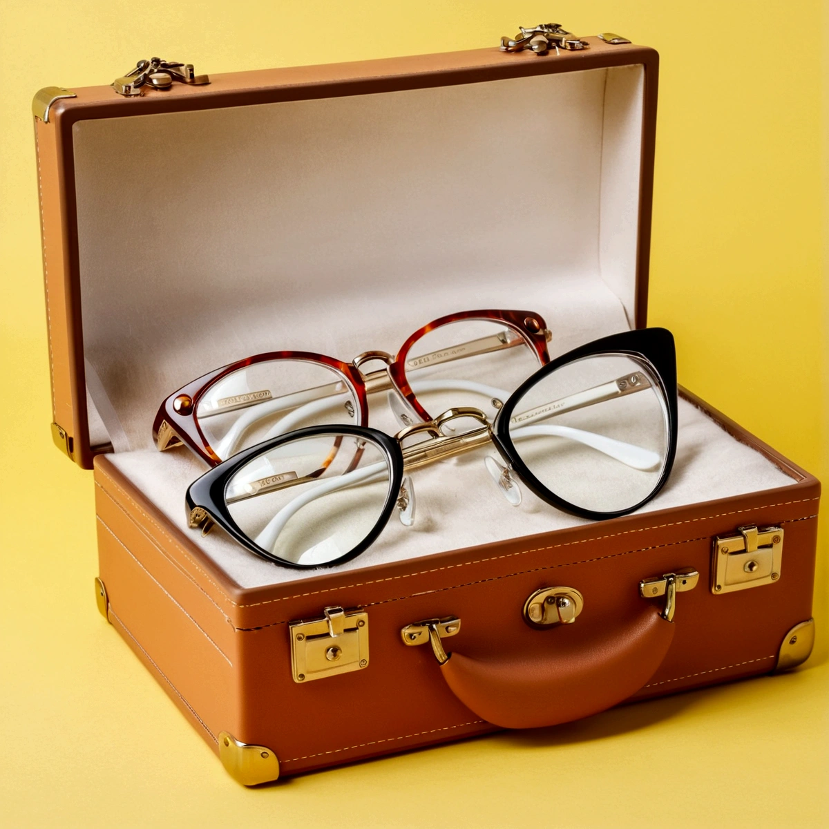 Four white cat-eye glasses inside an open suitcase  