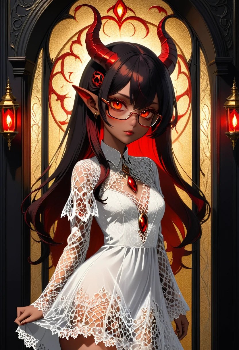 (facial portrait: 1.5), epic good looking succubus wearing a (white lace: 1.2) dress (intense details, Masterpiece, best details: 1.6), (wearing elegant stylish yellow rimmed glasses:1.1) (intricate details, Masterpiece, best details: 1.6), ((red skin: 1.5)), ultra detailed face (intense details, Masterpiece, best details: 1.5),standing in the door entrance, holding a red and gold ring (intense details, Masterpiece, best details: 1.6), black hair, long hair, red eyes, glowing eyes, small horns, dim light, high details, best quality, 16k, [ultra detailed], masterpiece, best quality, (extremely detailed), ultra wide shot, photorealistic, gothic art, sense of darkness, sense of seduction, fiery magic symbols (intense details, Masterpiece, best details: 1.6),in the background, Dark Art Painting Style, dark, black and color