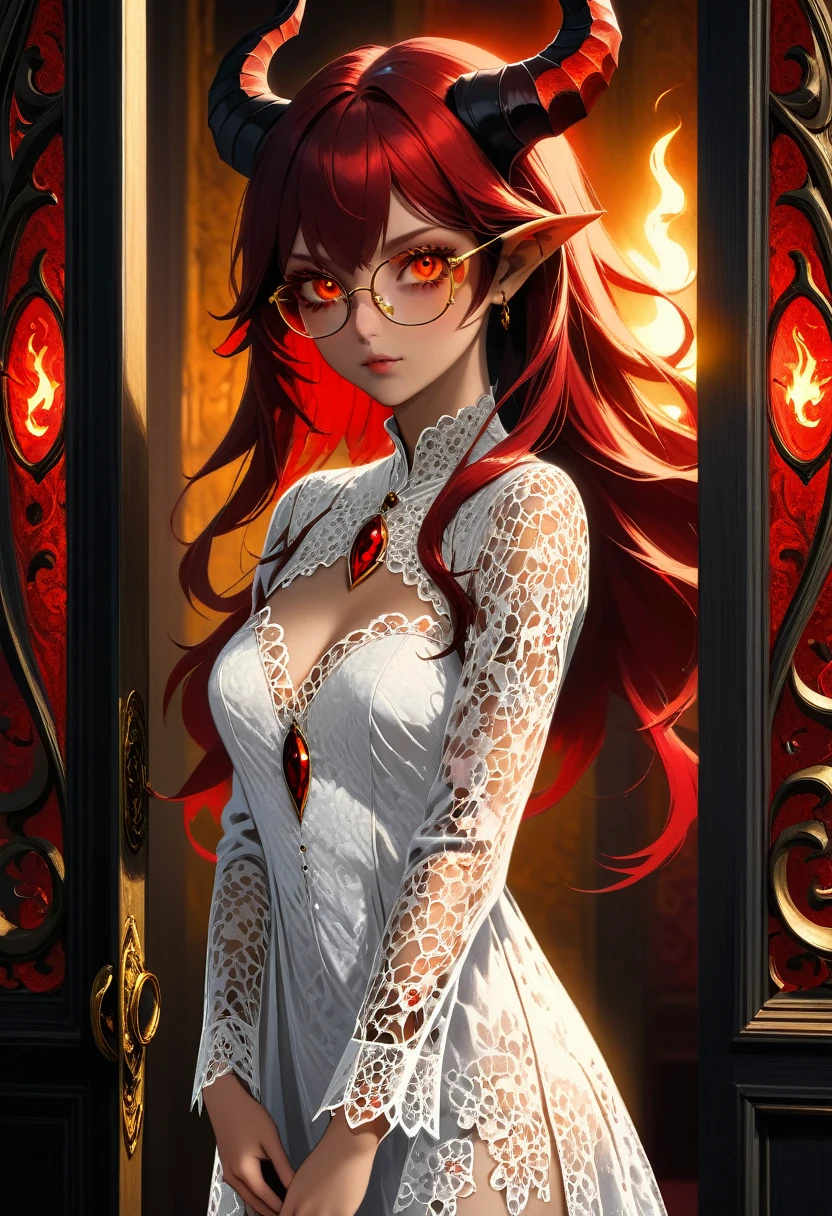 (facial portrait: 1.5), epic good looking succubus wearing a (white lace: 1.2) dress (intense details, Masterpiece, best details: 1.6), (wearing elegant stylish yellow rimmed glasses:1.1) (intricate details, Masterpiece, best details: 1.6), ((red skin: 1.5)), ultra detailed face (intense details, Masterpiece, best details: 1.5),standing in the door entrance, holding a red and gold ring (intense details, Masterpiece, best details: 1.6), black hair, long hair, red eyes, glowing eyes, small horns, dim light, high details, best quality, 16k, [ultra detailed], masterpiece, best quality, (extremely detailed), ultra wide shot, photorealistic, gothic art, sense of darkness, sense of seduction, fiery magic symbols (intense details, Masterpiece, best details: 1.6),in the background, Dark Art Painting Style, dark, black and color