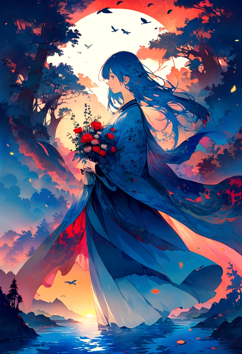 wallpaper, A girl and a bird enter the world of natural art, The ocean paints a captivating and beautiful portrait. every level, Carefully carved into the land, Transformed into a vibrant blue canvas, Reflected in the warm embrace of the sunset. In the evening,mist intertwined, These undulating landscapes seem to whisper stories of generations of people who have been closely connected to this land., Evoking a sense of tranquil wonder that only nature's masterpieces can provide.