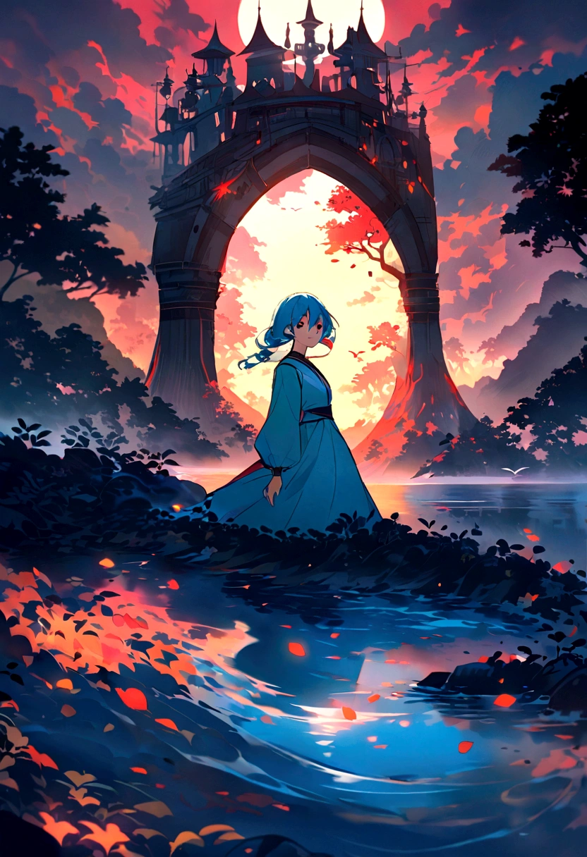 wallpaper, A girl and a bird enter the world of natural art, The ocean paints a captivating and beautiful portrait. every level, Carefully carved into the land, Transformed into a vibrant blue canvas, Reflected in the warm embrace of the sunset. In the evening，mist intertwined, These undulating landscapes seem to whisper stories of generations of people who have been closely connected to this land., Evoking a sense of tranquil wonder that only nature&#39;s masterpieces can provide.