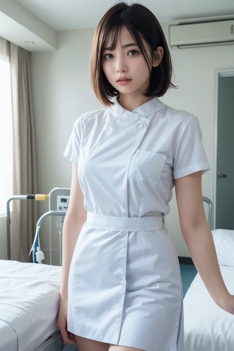 1 Girl,(Wearing white nurse clothes:1.2),(RAW Photos, Highest quality), (Realistic, photo-Realistic:1.4), masterpiece, Very delicate and beautiful, Very detailed, 2k wallpaper, wonderful, finely, Very detailed CG unity 8k wallpaper, Very detailedな, High resolution, Soft Light, Beautiful detailed girl, Very detailed eyes and face, Beautiful and detailed nose, finely beautiful eyes, nurse, Perfect Anatomy, Black Hair, Upstyle, nurse uniform, Long skirt, nurse, White costume, thin, hospital, clear, White Uniform, hospital room, Neck auscultation,Bobcut、Flip up the skirt、20th Generation、、seduce with sexual expressions