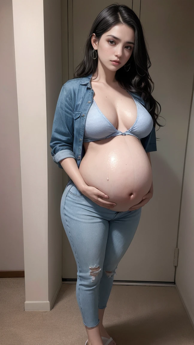 absurdres, RAW photo, extremely delicate and beautiful, masterpiece, Best Quality, ultra high resolution, 32k, hyperrealistic, ultra-detailed, perfect anatomy, perfect figure, super Detailed skin, Very detailed CG 8k wallpaper, pregnant body, narrow waist, very small head, very small face, delicate facial features, tearful mole, earring, thin legs, (very huge round breasts:1.3), (full body shot:1.1), (solo:1.2), long hair, (wavy hair:1.2), wet clothes, (casual Clothes no bra:1.3),