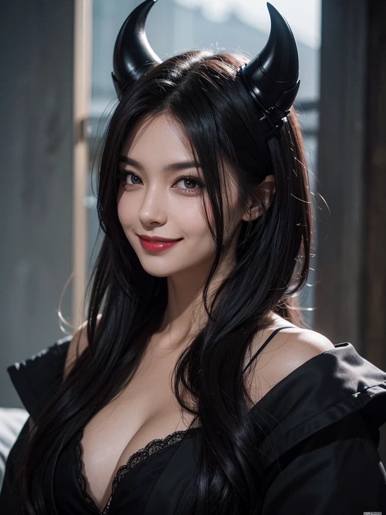 A very beautiful woman with dark eyes, an evil-looking face and a mischievous smile,