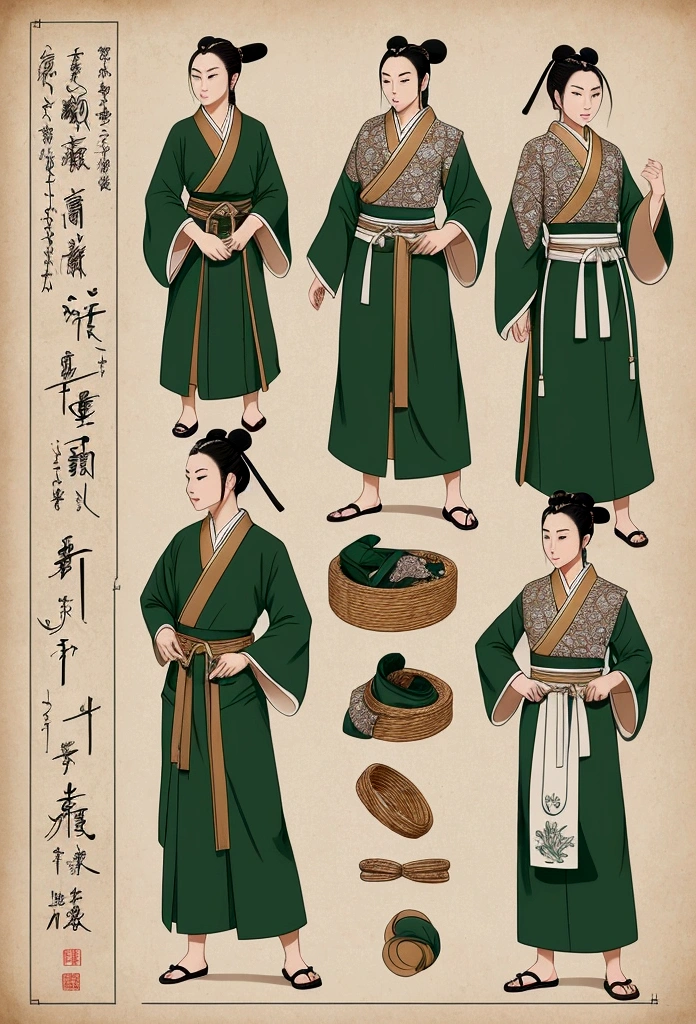 Create a practical yet refined outfit for commoners in a society inspired by ancient Japan with Greek clothing influences. The clothing should be made from durable, comfortable materials and feature simple yet elegant designs. Utilize shades of green and incorporate triangular motifs in the patterns and embroidery. The outfit should blend the functionality of Japanese workwear with the flowing lines of Greek attire. Accessories should be minimal but functional, such as sashes, simple jewelry, and headbands. The overall look should reflect the commoners' respect for strength and honor, while being suitable for daily activities. reference sheet, character chart, three sided view, high details, high quality, highres, anatomically correct
