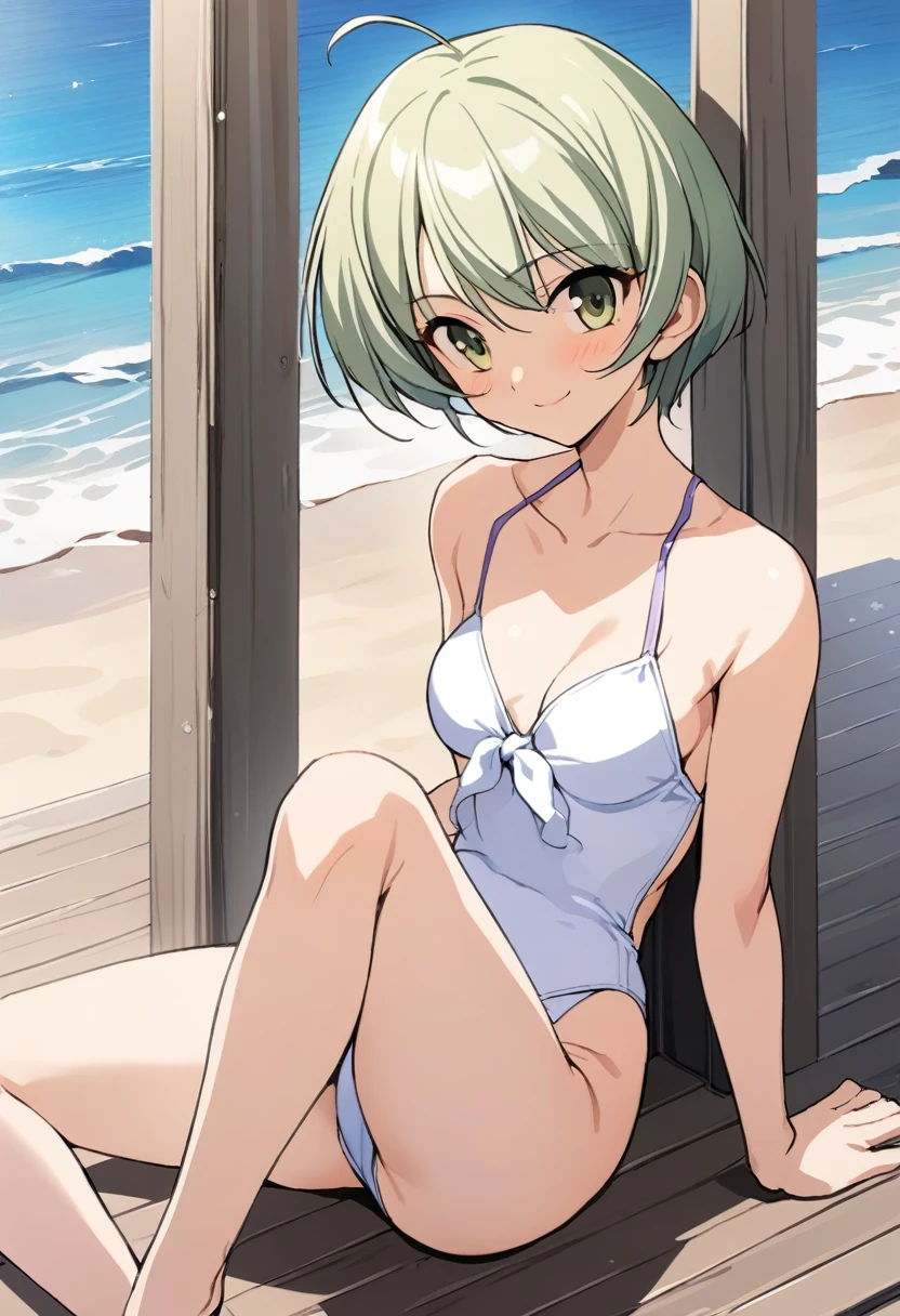 One girl,((Kaoru)),smile、Gentle expression、Welcome、Ocean、beach、slender body,ideal ratio body proportions,Cute Swimsuits、Sexy pose,Sitting、Leg spread、A complete depiction of the human body,masterpiece, Highest quality, Game CG, ultra detailed、highres、extremely detailed CG