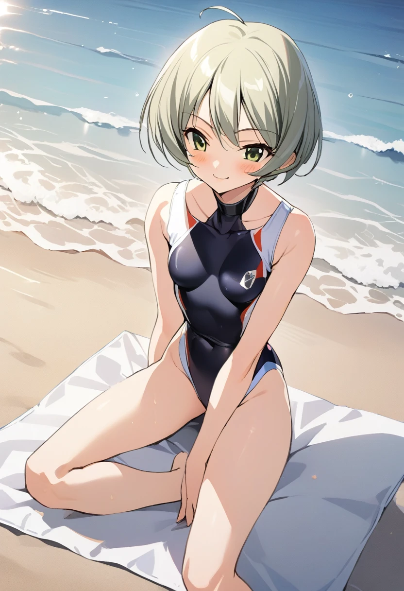 One girl,((Kaoru)),smile、Gentle expression、Welcome、Ocean、beach、slender body,ideal ratio body proportions,Cute Swimsuits、Sexy pose,Sitting、Leg spread、A complete depiction of the human body,masterpiece, Highest quality, Game CG, ultra detailed、highres、extremely detailed CG