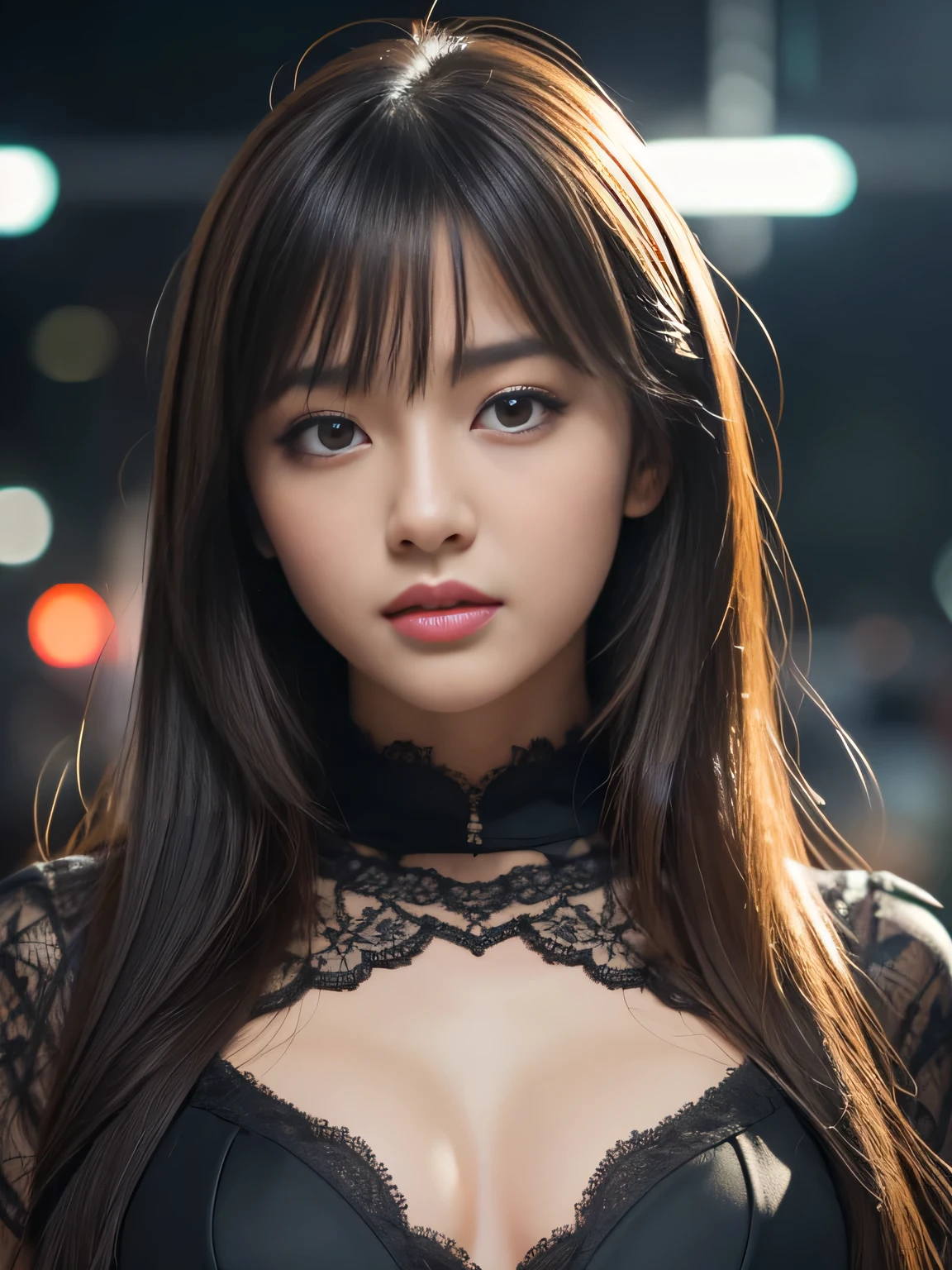 masterpiece, best quality, ultra-detailed, intricately detailed hyperdetailed, realistic, sharp features, highly detailed, sharp focus, Japanese idol, perfect face, perfect symmetrically perfect eyes, perfect full lips, flexible female form, cinematic, neon light, Shadow, hyper detailed, hyper realistic, high resolution, vibrant, dynamic lighting, background, (long hair, straight Bangs), brown Eyes, black blouse, Portraiture,