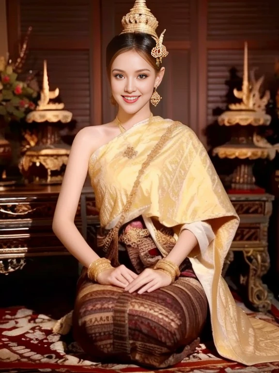 Aarav woman in a golden dress stands in front of a building., Sukhothai dress, Dilraba Dilmurat, traditional beauty, Wear elegant clothes, traditional this tradition, Wear luxurious clothes, this tradition, Traditional clothing, Thai girl anime, traditional outfit, According to Thawan Duchanee's style, Wear a luxurious silk dress, Thai art, Traditional clothing สาวเอเชียที่สวยงาม,stereoscopic 8k,45 high quality colored lights,000,000,000 pixels, photo, post-trade photo, animation, Beautiful, realistic portraits.
