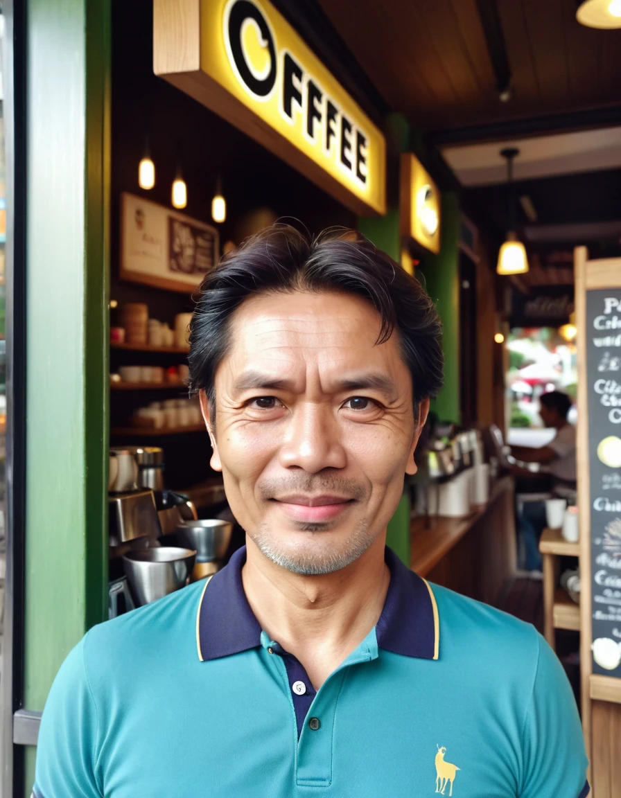 Thai man, age 45, with medium hair , ugly veryfunny looking , wearing a polo shirt , standing in front of a coffee shop . Taken with a mobile phone camera . Amateur