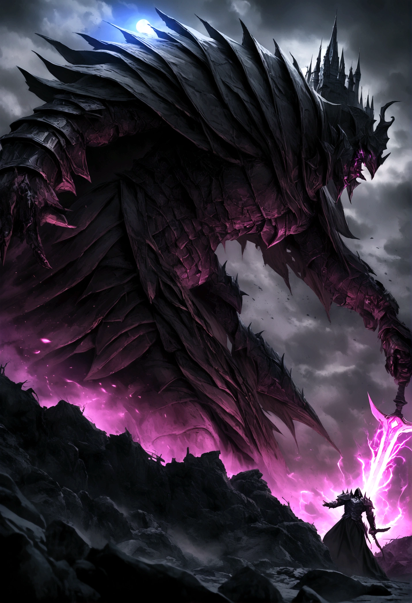 a dynamic artwork of the legendary evil castle war, the most evil king, the conflict of supernatural forces, the value of the hero, the battlefield is about to plunge into darkness, hyperrealistic, extremely detailed, high resolution, highly detailed, cinematic composition, dramatic lighting, ominous atmosphere, epic fantasy, dark fantasy, dramatic poses, intricate details, moody color palette, dramatic shadows, intense battle scene, powerful magical effects, glowing energy, swirling dark energy, towering castle, detailed architecture, crumbling ruins, devastated landscape, cloudy sky, dramatic lighting, moody colors, the most evil king using black suit and evil smile, and hero using knight armor and legendary sword