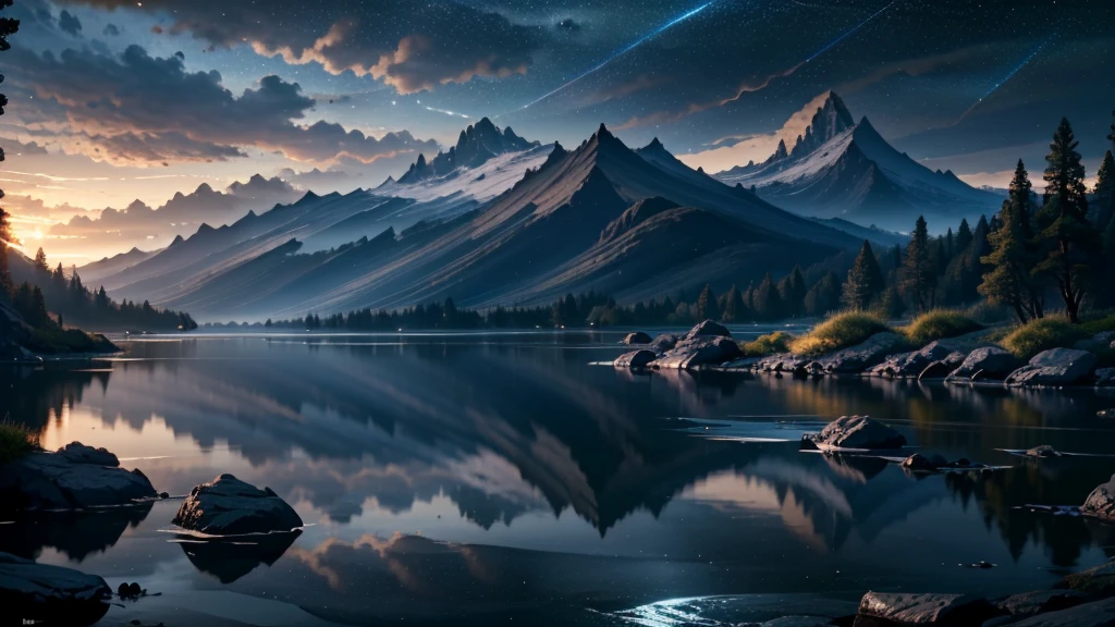 a peaceful dark landscape, calm lake with rocks and mountains, (best quality,4k,8k,highres,masterpiece:1.2),ultra-detailed,(realistic,photorealistic,photo-realistic:1.37),dramatic lighting, moody atmosphere, serene, tranquil, atmospheric, cinematic, mountains silhouetted against a starry night sky, still water reflecting the sky, jagged rocks along the shore, lush greenery surrounding the lake, (cinematic lighting:1.2),(dramatic shadows:1.1),muted color palette, deep blues and purples