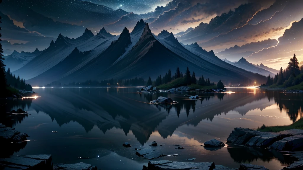 a peaceful dark landscape, calm lake with rocks and mountains, (best quality,4k,8k,highres,masterpiece:1.2),ultra-detailed,(realistic,photorealistic,photo-realistic:1.37),dramatic lighting, moody atmosphere, serene, tranquil, atmospheric, cinematic, mountains silhouetted against a starry night sky, still water reflecting the sky, jagged rocks along the shore, lush greenery surrounding the lake, (cinematic lighting:1.2),(dramatic shadows:1.1),muted color palette, deep blues and purples