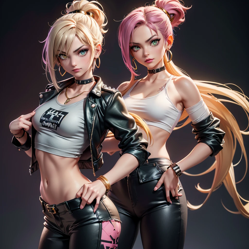 ((1 girl, standing alone ,standing alone, long hair, hair green, yellow eyes, hair covering one eye, Woman, (one hand on the hip) , dynamic pose, muscular female, gold bracelets, ruby earrings)), fitness, ((standing alone, (1Woman, pink lipstick), extremely detaild, soft ambient lighting, 4K, perfects eyes, a perfect face, perfect lighting, a 1 girl)), ((metalhead Woman, Punk Girl, rocker Woman, gazing at viewer, ((gray shirt)), Youngh, long hair green, yellow eyes, pretentious smile, Black leather jacket with spikes, open tummy, Pants, chains on clothes, scar on the face, cigar, smoke, high qualiy, 4K, High definition, bom detalhe, Small bust, rocker,))