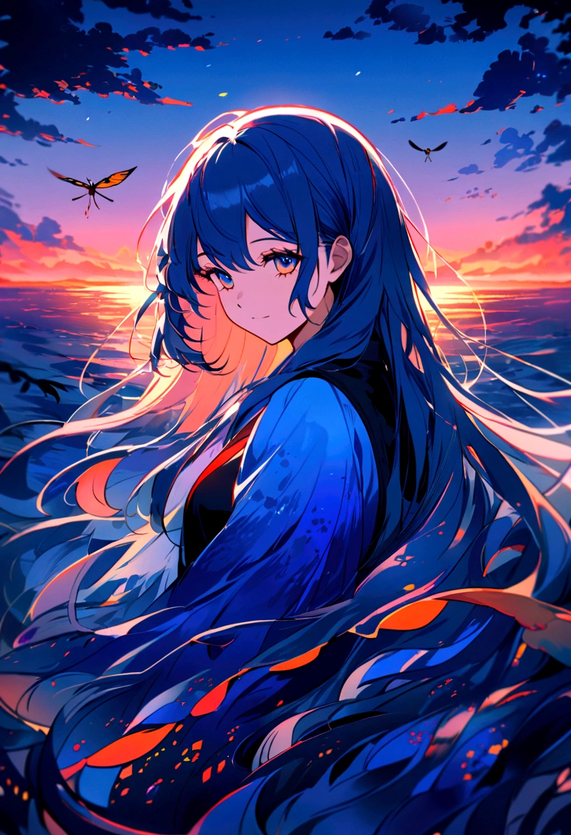 A girl and a bird fly into the world of natural art, The ocean paints a captivating and beautiful portrait. every level, Carefully carved into the land, Transformed into a vibrant blue canvas, Reflected in the warm embrace of the sunset. In the evening,mist intertwined,