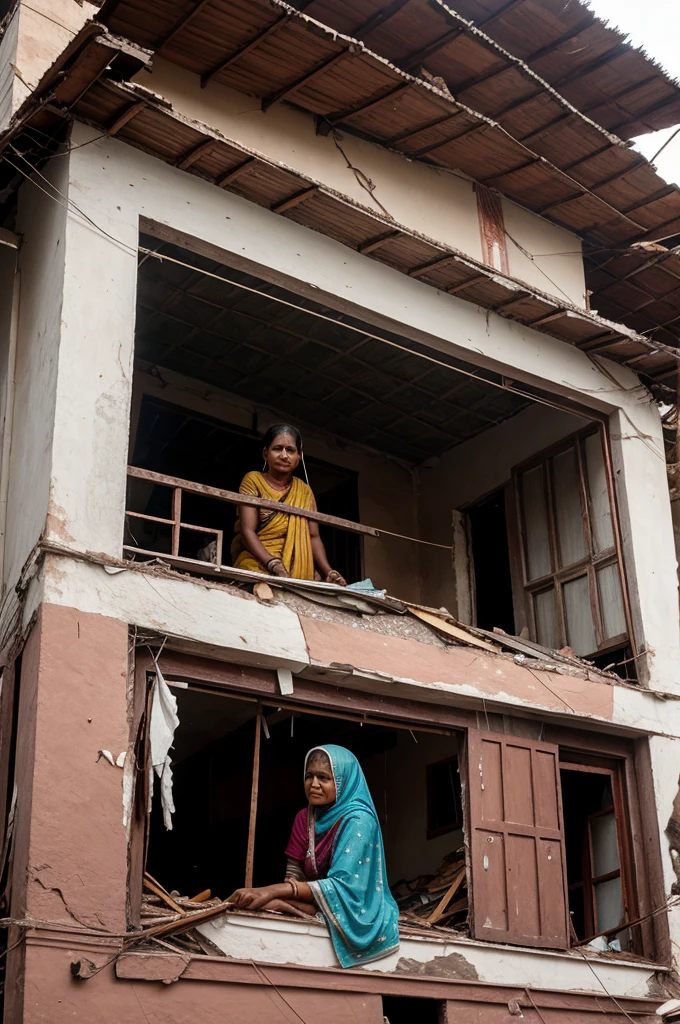 A indian poor mother looking at her old house falling due to rain and damage house