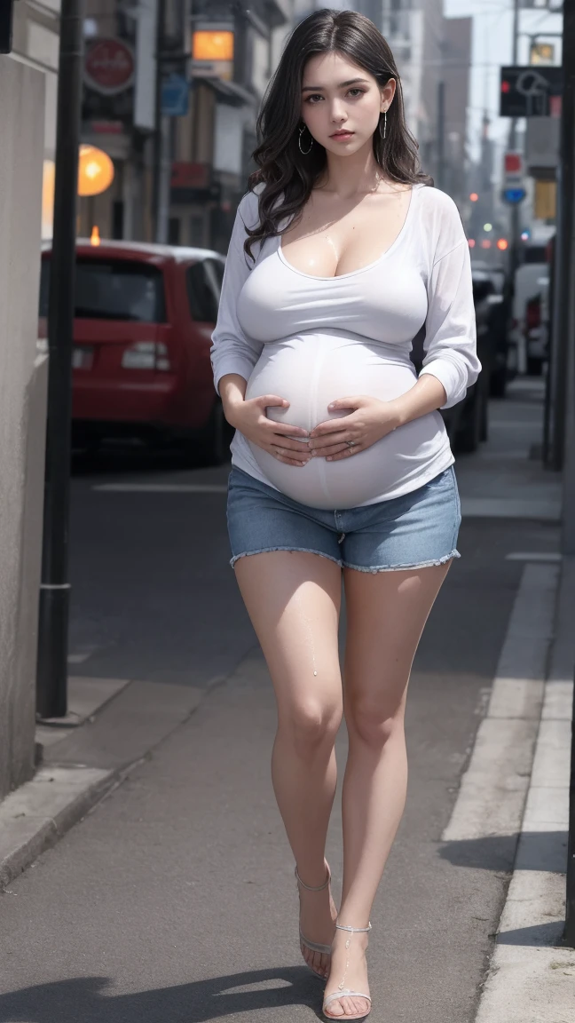 absurdres, RAW photo, extremely delicate and beautiful, masterpiece, Best Quality, ultra high resolution, 32k, hyperrealistic, ultra-detailed, perfect anatomy, perfect figure, super Detailed skin, Very detailed CG 8k wallpaper, pregnant body, narrow waist, very small head, very small face, delicate facial features, tearful mole, earring, thin legs, (very huge round breasts:1.3), (full body shot:1.1), (solo:1.2), long hair, (wavy hair:1.2), wet clothes, (casual Clothes:1.3),