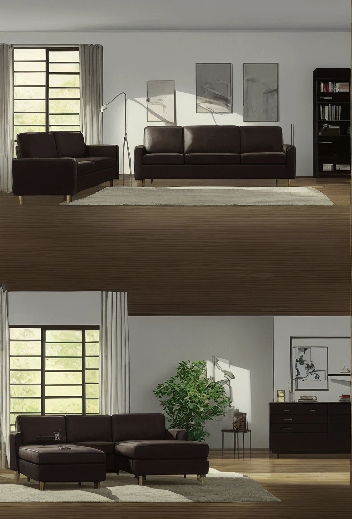 a photo of a modern black leather couch with brown and beige pillows in the corner of an empty living room, grey wooden floors, large red, black, and white abstract art on the wall above the sofa, a large dark rug with tan and dark brown swirls under the couch, door to the right side, no windows, taken from eye level, no perspective, 8k, super detail, best quality