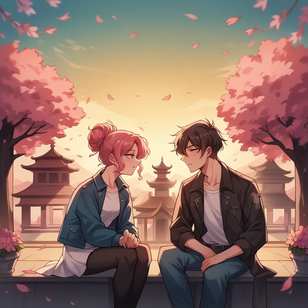A  nostalgic conceptual art piece of a young, blissful couple sitting in caffe. The girl wears a light blue jean jacket and a long white skirt, while the boy dons a black jean jacket and matching pants. The background showcases an explosion of colorful spring flowers and cherry blossoms, creating a whimsical atmosphere. The 90s era is evident in the hairstyles and clothing, adding a touch of nostalgia and warmth to the image