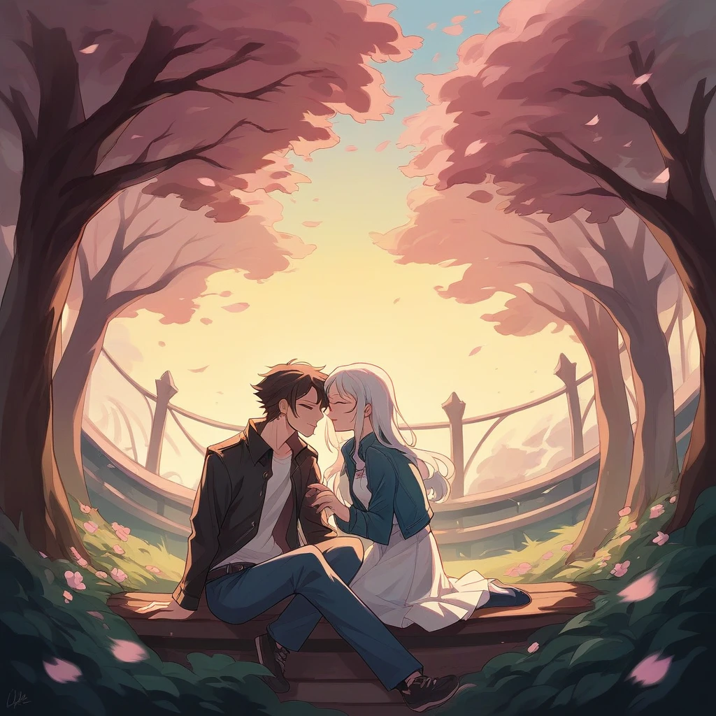 A nostalgic conceptual art piece of a young, blissful couple sitting in caffe. The girl wears a light blue jean jacket and a long white skirt, while the boy dons a black jean jacket and matching pants. The background showcases an explosion of colorful spring flowers and cherry blossoms, creating a whimsical atmosphere. The 90s era is evident in the hairstyles and clothing, adding a touch of nostalgia and warmth to the image