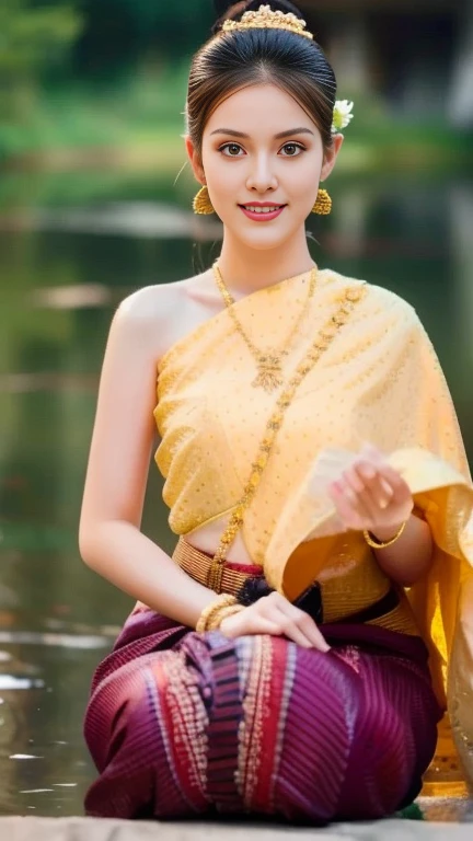 Aarav woman in a golden dress stands in front of a building., Sukhothai dress, Dilraba Dilmurat, traditional beauty, Wear elegant clothes, traditional this tradition, Wear luxurious clothes, this tradition, Traditional clothing, Thai girl anime, traditional outfit, According to Thawan Duchanee's style, Wear a luxurious silk dress, Thai art, Traditional clothing สาวเอเชียที่สวยงาม,stereoscopic 8k,45 high quality colored lights,000,000,000 pixels, photo, post-trade photo, animation, Beautiful, realistic portraits.