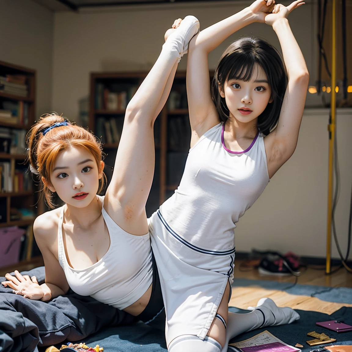 (Highest quality),8K,High Detail Masterpiece), M字Spread your legs、Spread your legs、Highest quality, Expressive eyes, Disheveled clothes、Perfect Face, High resolution, Elinakiri, 少なくandも, skirtをたくし上げる、blonde, (Medium Chest:1.2), (Purple eyes:1.2), girl2name, 2people々々and, skirtをたくし上げる、Show me your underwear、Angle from below、少なくandも, Long Hair, Orange Hair, (Purple eyes:1.1), Hair between the eyes,skirt, Knee socks, bow, , Jacket, pleated skirt, shoes, black Knee socks, zettai ryouiki, Plaid, Plaid skirt, Blazer No., Highly detailed face, Perfect lighting, Extremely detailed CG, (Perfect hands, Perfect Anatomy), blush、Sweat、 Looking at the audience, abdomen, Contrasting, Cowboy Shot, Ahegao, Ahegao,、White underwear、White pants、((ノーマルWhite panties))、A view from a little below、White panties、((White cotton panties)),Sexy pose attractive、黒のKnee socksックス、 up the skirt、Show me your underwear、delicate underwear、(((Show off your underwear)))、Spread your legs、(Incredibly dirty room、operating a smartphone:1.4)、The room is full of rubbish、Garbage containing rolled up tissue、Detailed pile of trash for background、、(((Gymnastics Competition Pose)))、(((Yoga poses)))、(((Leg stretch pose)))、(((Learn how to stretch your legs)))、(((This is the sumo pose of stomp.)))、(((Dynamic Stretching Pose)))、(((私のLeg stretch poseを見なさい)))、(((ダイナミックGymnastics Competition Pose)))、(((凄いYoga poses)))、(((Spread-legged stretch pose)))、(((Learn how to stretch your legs)))、(((This is the sumo pose of stomp.)))、(((Dynamic poses of sumo wrestlers)))
